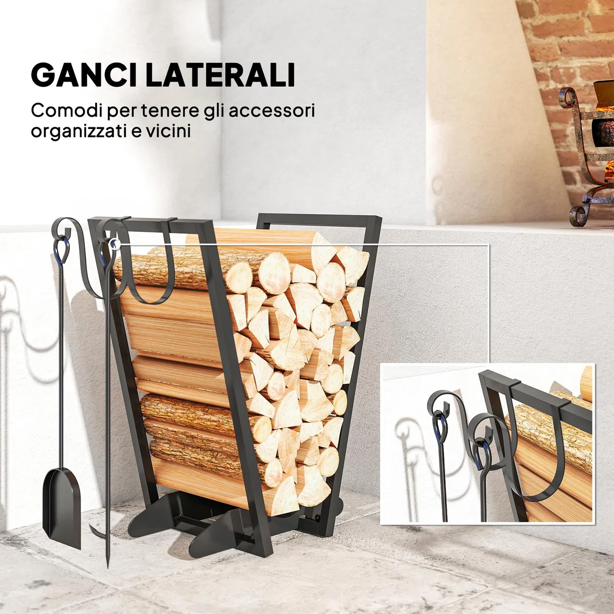 Outsunny Scaffale Portalegna da Esterno e Interno con Ganci in Acciaio, Legnaia Design Moderno con Base Rialzata, 45x32x58cm, Nero