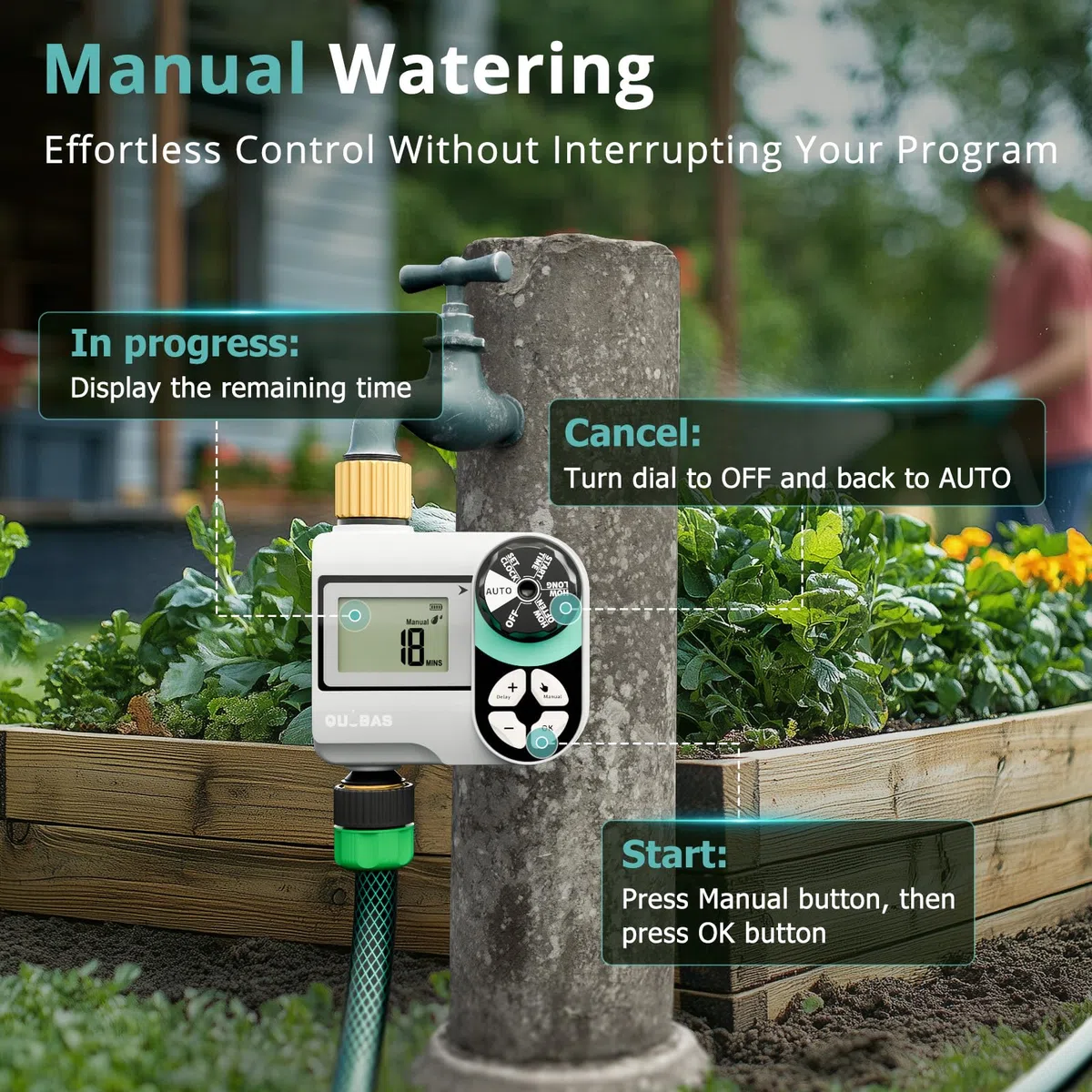 QUOBAS Irrigatore Timer per tubo da giardino, programmabile digitale in ottone con ritardo pioggia / automatico / manuale 3 modalità, piscina, prato, sistema di irrigazione a goccia, alimentato a
