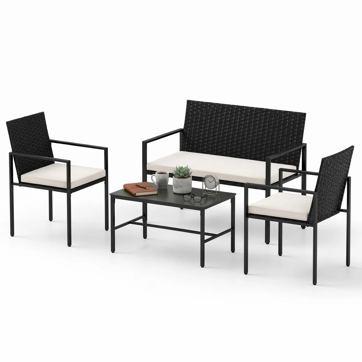 GIANTEX Set di Mobili da Giardino in Rattan per 4 Persone, Composto da 2 Poltrone e Tavolo in Vetro Temperato, Mobili Multiuso per Balcone, Terrazza e Veranda