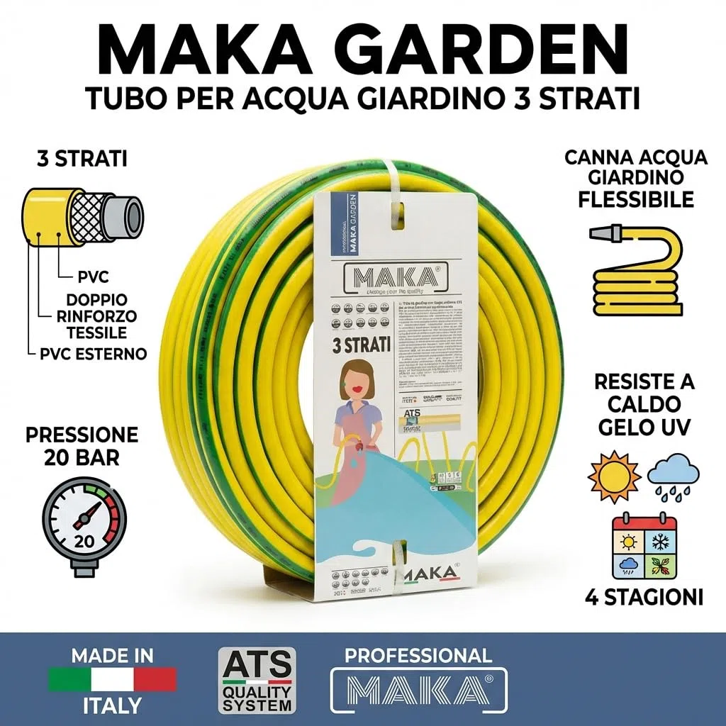 MAKA Tubo per Acqua Giardino 50 metri 5/8 Pollice 3 Strati Pressione 20 Bar Flessibile, Canna Acqua Giardino, Doppio Rinforzo Tessile Retinato Magliato Resiste a Caldo Gelo UV 4 Stagioni