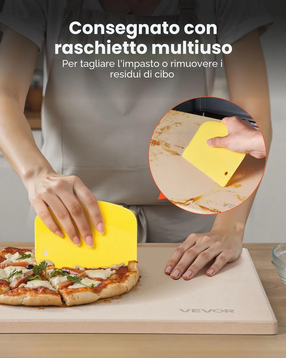 VEVOR Pietra per Pizza, Pietra da Forno per Pizza Rettangolare in Cordierite da 380 x 300 x 15 mm, con Raschietto, Cordierite Resistente al Calore, per Forno da Cucina, Cottura di Pane