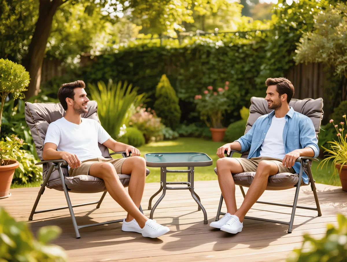 Set Relax da Giardino 3 Pezzi MAUì – 2 Poltrone Pieghevoli Imbottite con Cuscini Beige Removibili + Tavolino Vetro Temperato – Struttura Ferro Robusto – Arredo Giardino Terrazzo Balcone Salvaspazio