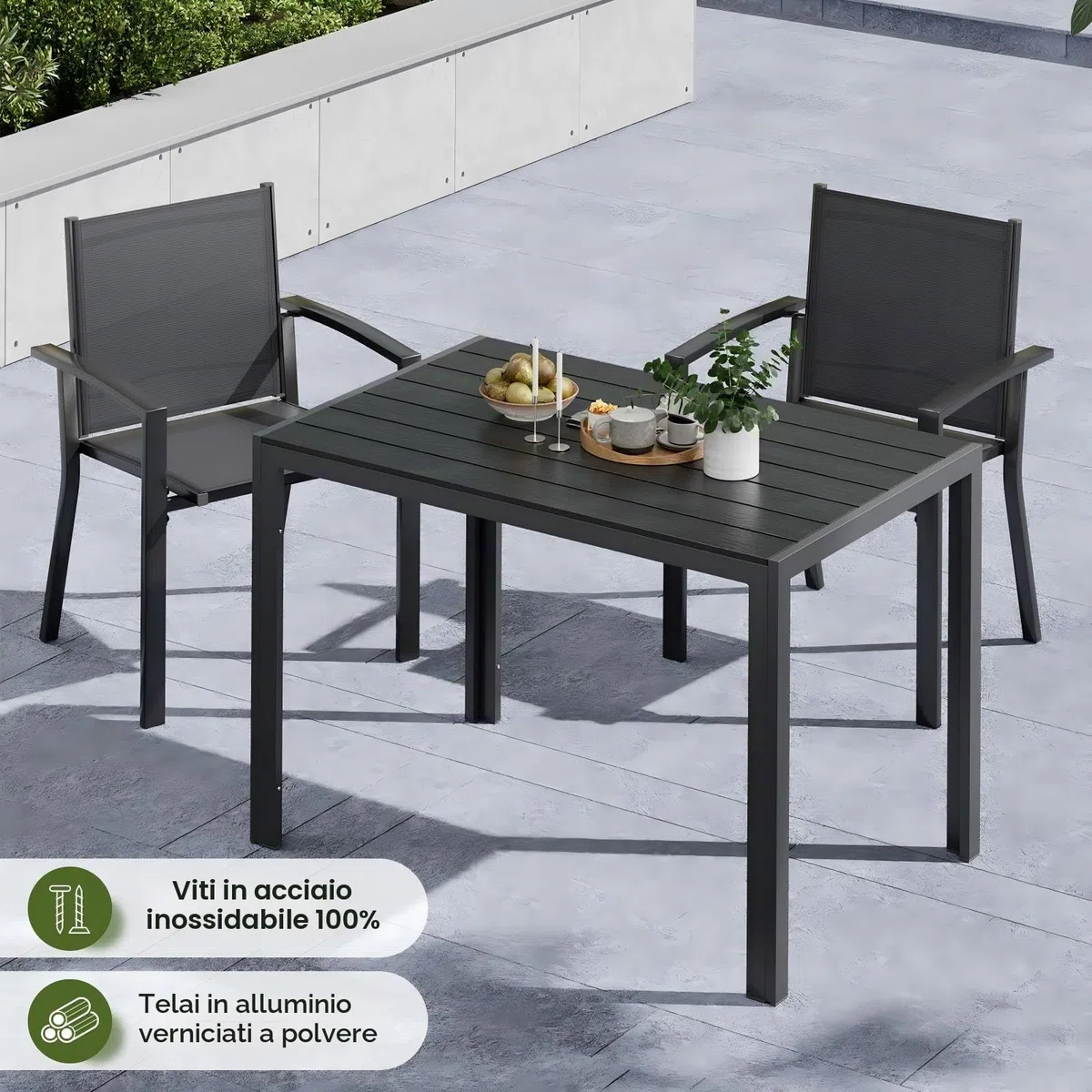 UDPATIO Tavolo da Giardino in Alluminio, 110x70x74 cm Tavolo da Esterno Rettangolare con Venatura Legno, 4-6 Posti, Resistente alle Intemperie per Terrazza e Balcone, Nero + Grigio Scuro