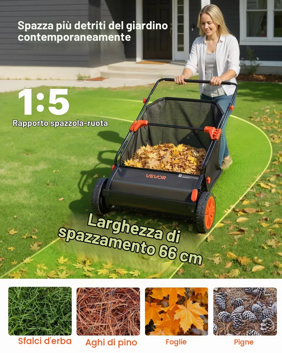 VEVOR Spazzatrice Raccoglitore Foglie da Cortile Giardino, Spazzatrice con Sacco di Raccolta di Foglie Erbe Larghezza 66 cm Sacco di Raccolta Capienza 198 L, Raccoglitore Manuale con Ruote in Gomma