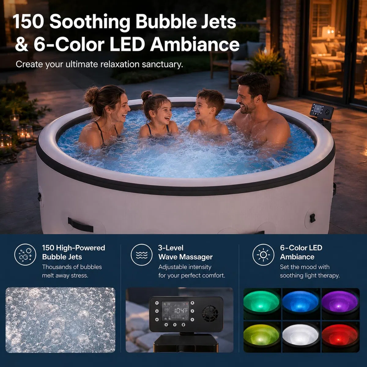 Piscina Idromassaggio Gonfiabile Esterno 4-6 Adulti, 206 cm Grande Spa Portatile con 150 Getti Aria, Riscaldamento Rapido 40°C, LED 6 Colori, Vasca Antiforatura per Giardino Patio