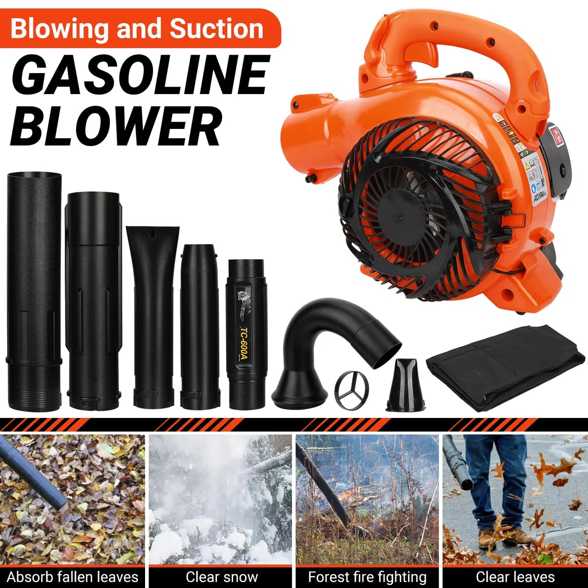 Aspiratore per foglie e aspiratore, 3 in 1, senza fili, aspiratore per foglie a benzina e mulcher, con due manici e sacchetto, aspiratore portatile a 2 tempi, per la pulizia del prato, la polvere, il