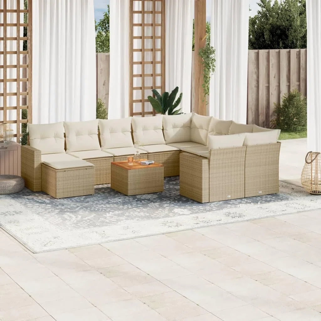 Set da 11 pezzi in polyrattan beige con cuscini, divano da giardino con imbottitura, design modulare, piano in legno di acacia, sfoderabili e lavabili