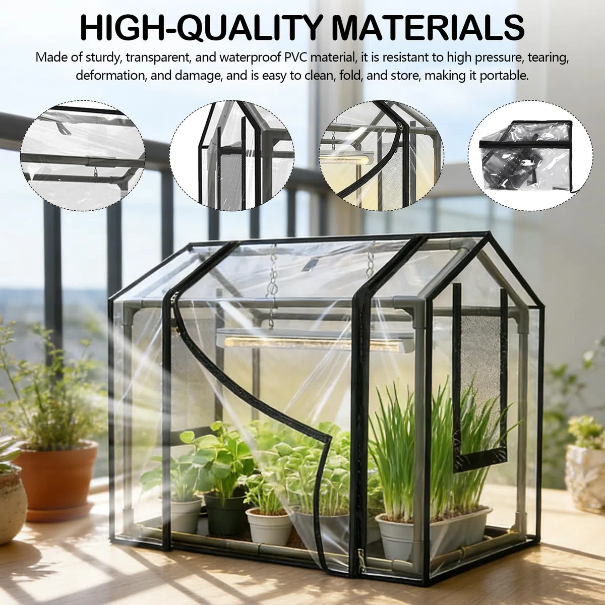 Kit di Piantagione, Serra da Balcone con 2 Vasi per Piante Copertura PVC 60 x 40 x 50 cm con Porta Avvolgibile a Cerniera Serra da Giardino Resistente Alle Intemperie Trasparente per Giardino Balcone