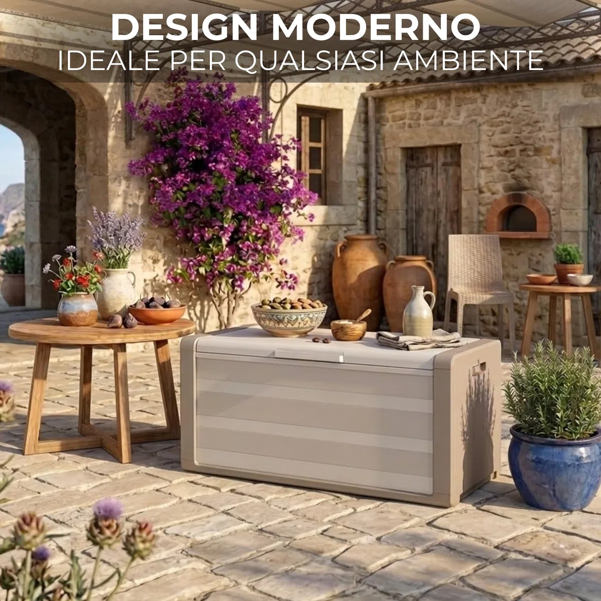 Baule Cassapanca in Resina Resistente Sabbia/Beige Predisposizione Lucchettabile Portaoggetti Contenitore Organizzatore per Esterno Interno Giardino 118x49x55 cm