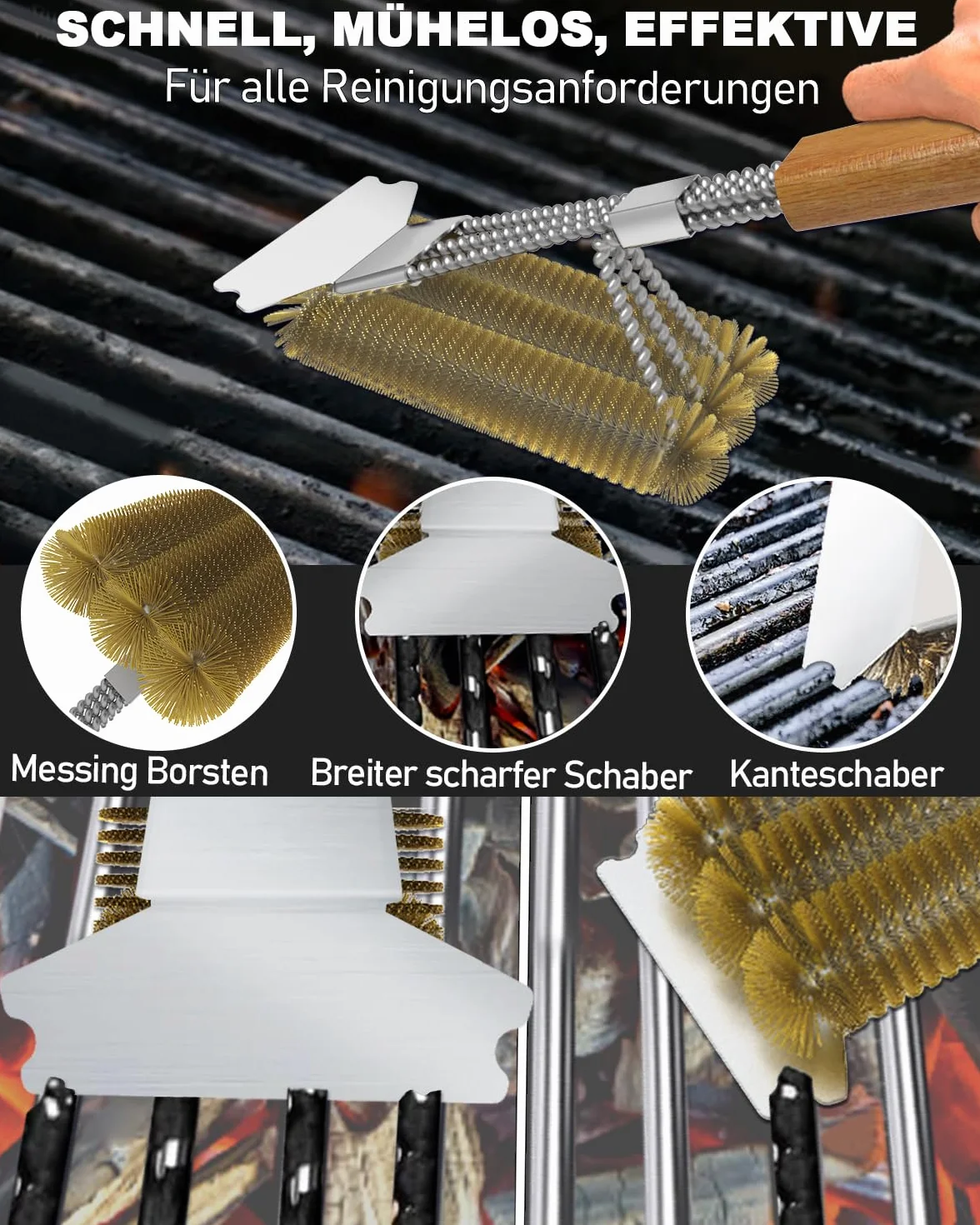 Spazzola per barbecue in ottone, spazzola per la pulizia della griglia, raschietto in acciaio inox, setole spesse in acciaio inox, manico in legno extra lungo da 39 cm, per barbecue a gas, griglia a