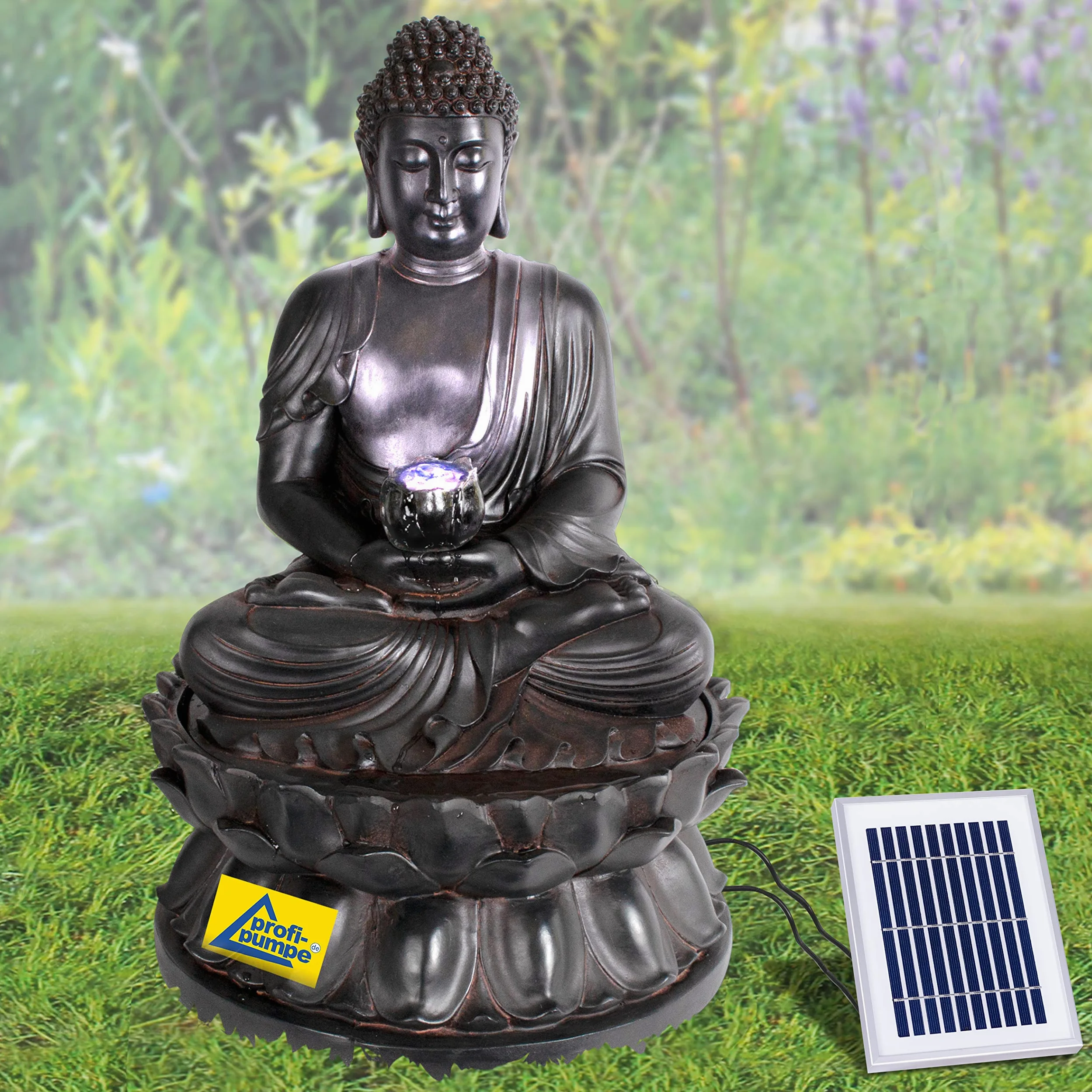 Fontana da giardino, fontana decorativa, fontana da interno, fontana, cascata, giochi d'acqua per giardino, laghetto da giardino (fontana solare BUDDHA-ETERNITY con luce LED)