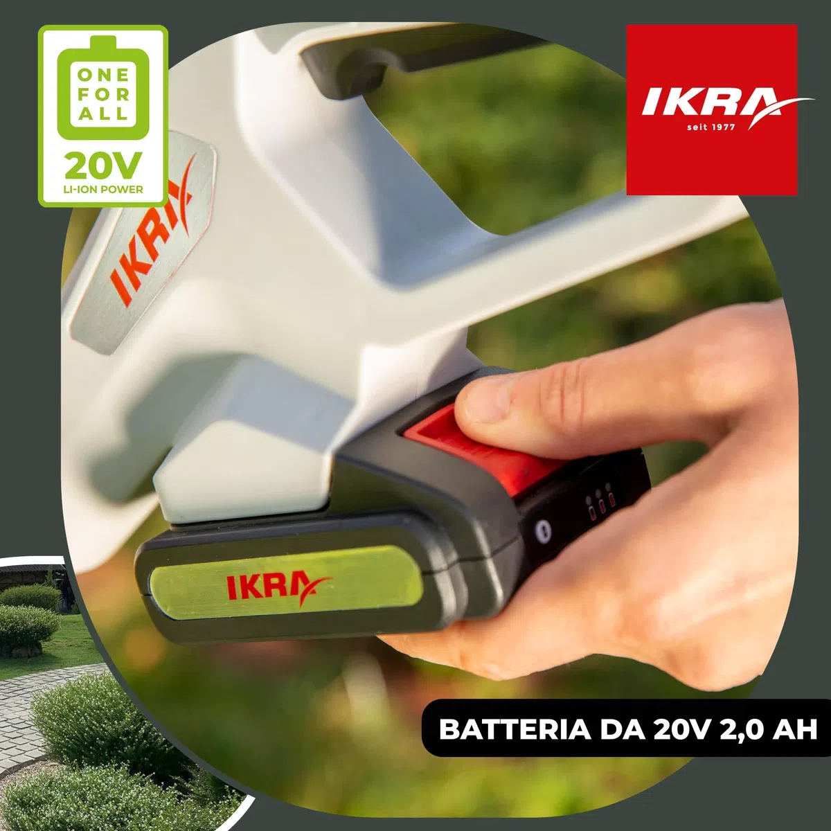 IKRA batteria 20V 2,0Ah LI 22, adatta a tutti gli attrezzi da giardino a batteria IKRA 20V, con display LED