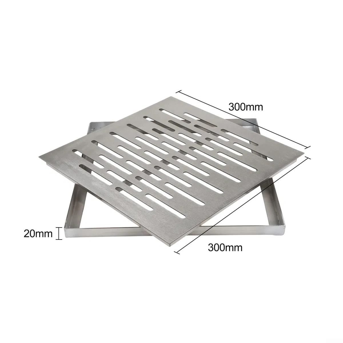 Copertura rettangolare per scarico fognario esterno con telaio in acciaio inox, copertura di drenaggio per acqua rapida per interni ed esterni (300 x 300 x 20 mm)