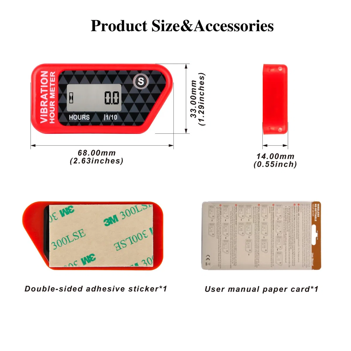 NInE-ROnG LCD Contaore a vibrazione impermeabile IP68 per motori, Rosso | Senza cablaggio, ore totali non azzerabili, timer TMR azzerabile, 3 livelli di sensibilità, blocco per trasporto, 99.999 h