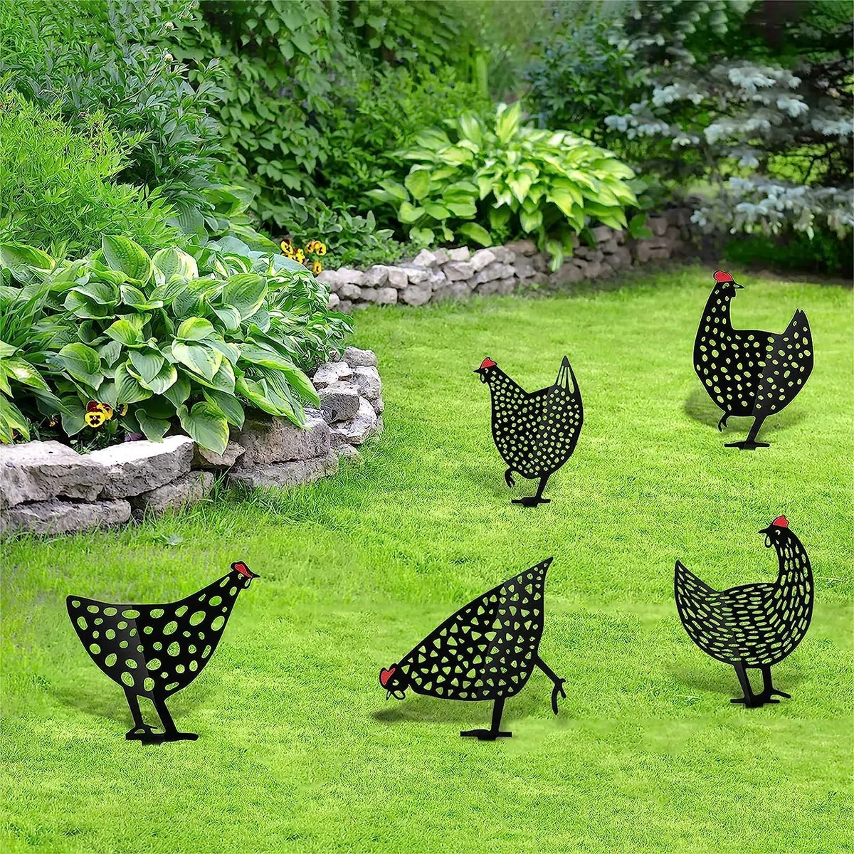 Gallini decorativi, sagoma per esterni, adatti per la decorazione pastorale di prato da giardino, in metallo nero, 5 pezzi