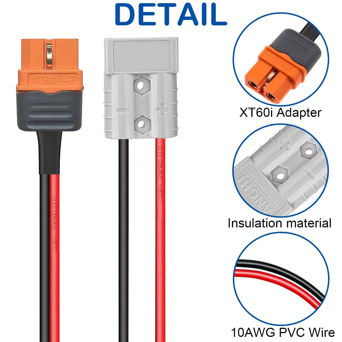 per Anderson SB50 Batteria a connessione/scollegamento rapido con cavo femmina XT60i 10AWG 50A Cavo prolunga, per trasferimento potenza della batteria generatore portatile solare