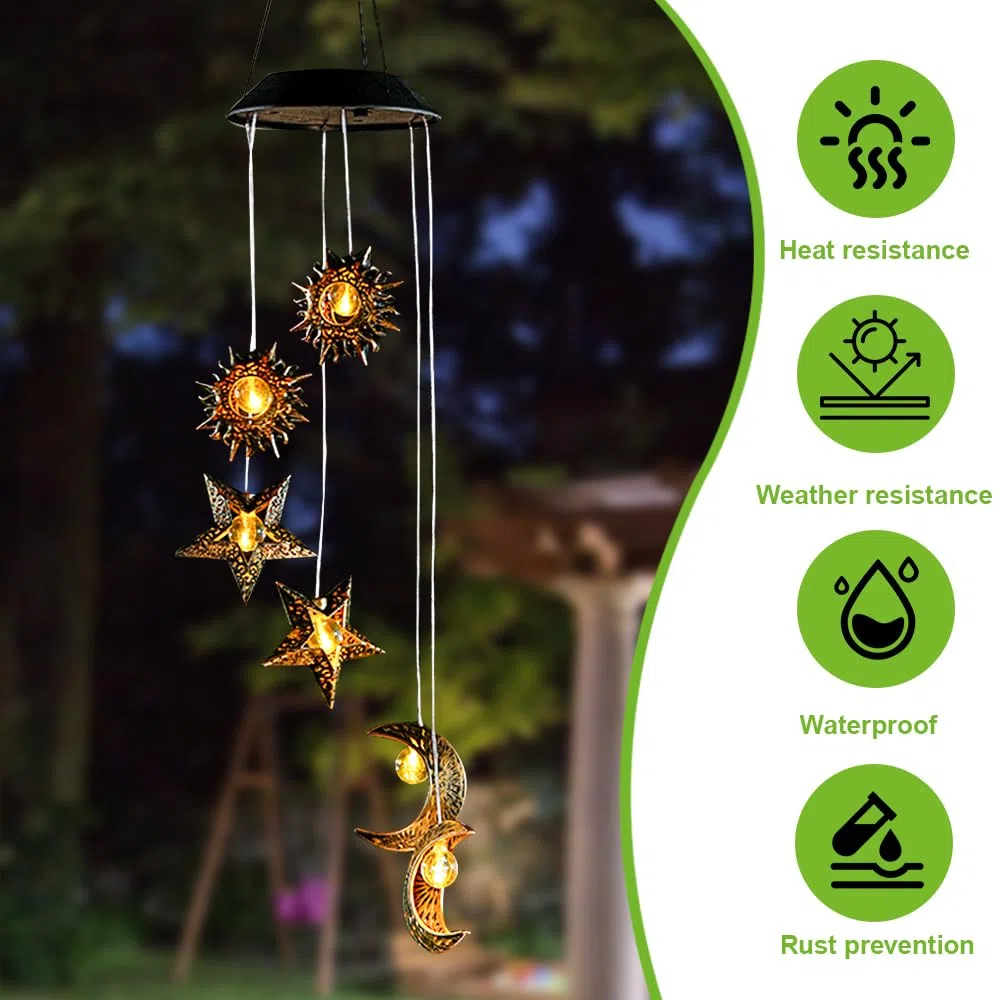 Campane a Vento Solare con Stelle Sole Luna, Campane a Vento Solari Esterno LED, Decorazione da Giardino con Luci Sospese per Cortile, Prato, Sentieri, Balcone, Terrazza, Decorazione per Feste