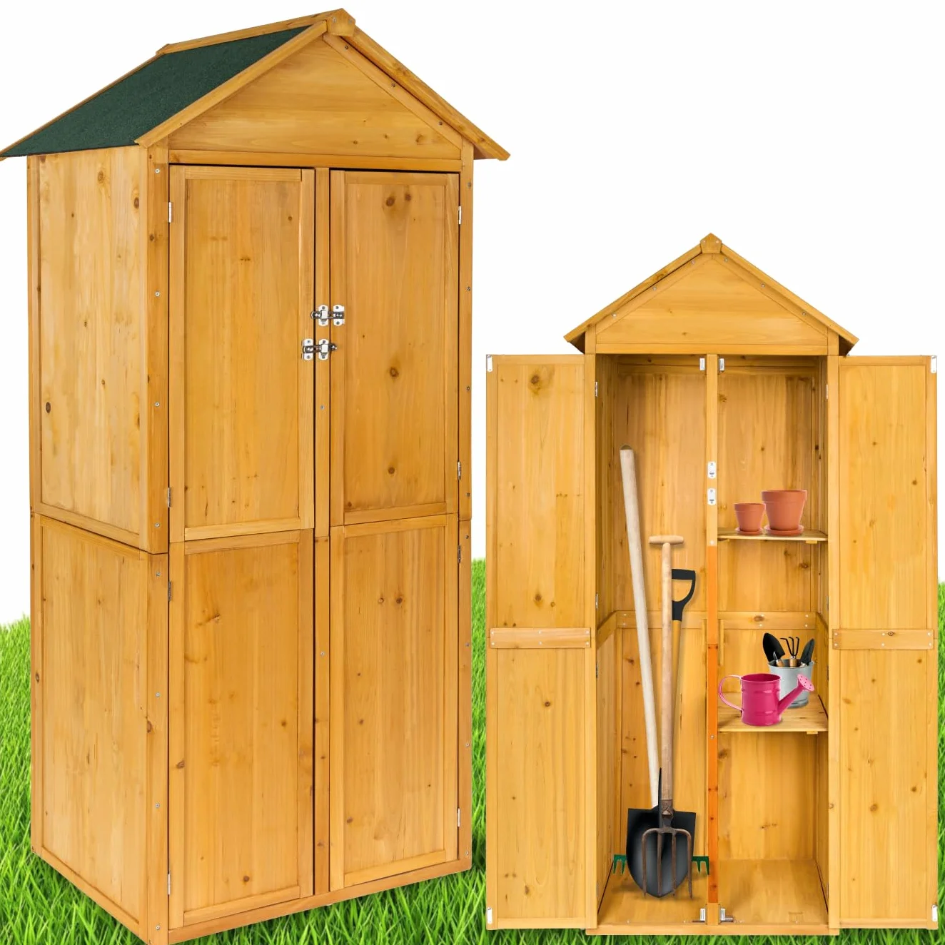 tectake® Armadio da Giardino con Tetto a Punta, Casetta Ripostiglio da Esterno con 2 Piani d'Appoggio, 2 Porte Richiudibili con Chiavistello in Acciaio, Mobile Giardino per Ricovero Attrezzi - Marrone
