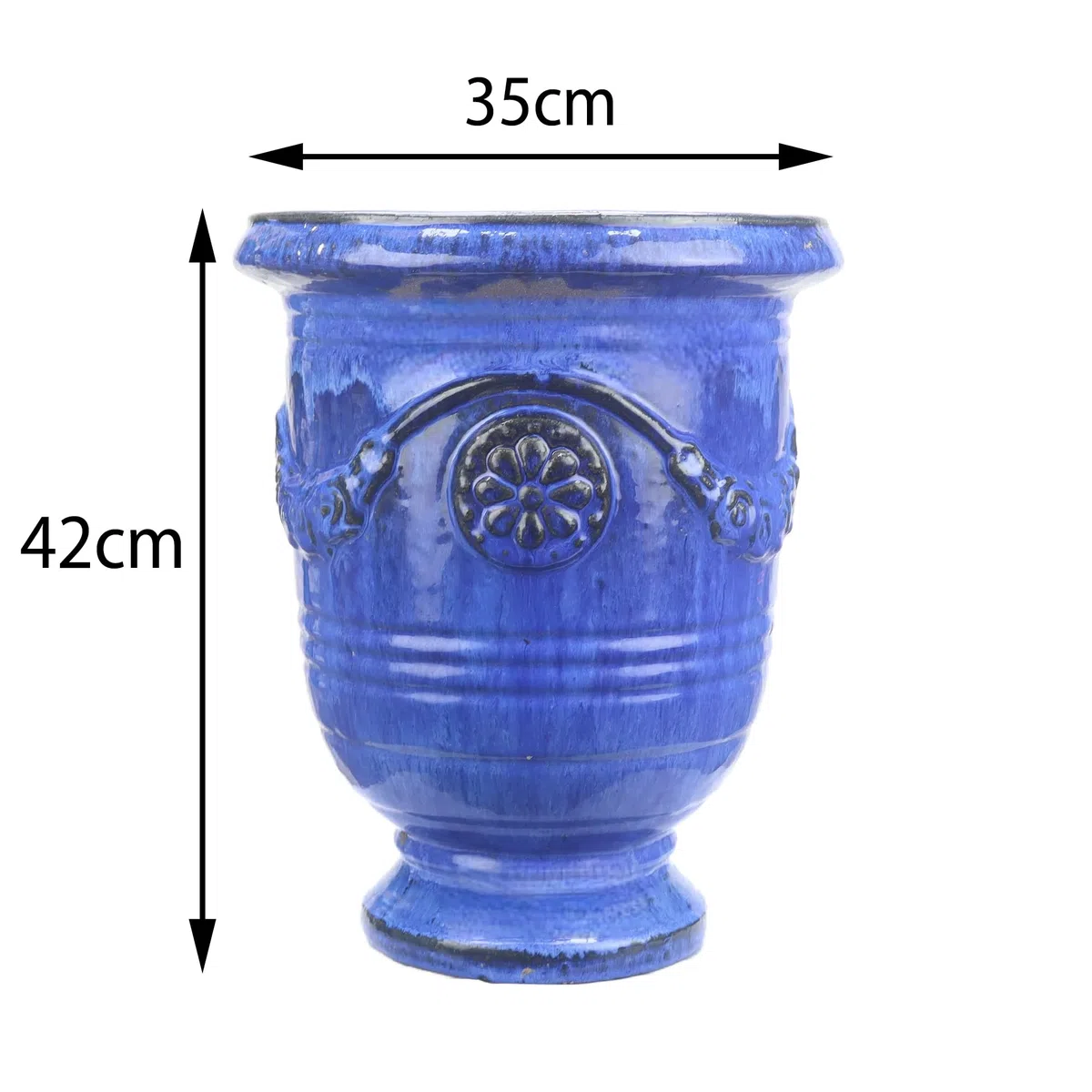 Vaso per fiori/Piantatore, vaso in gres smaltato, modello Anduze in blu 35x42cm, resistente al gelo e fatto a mano