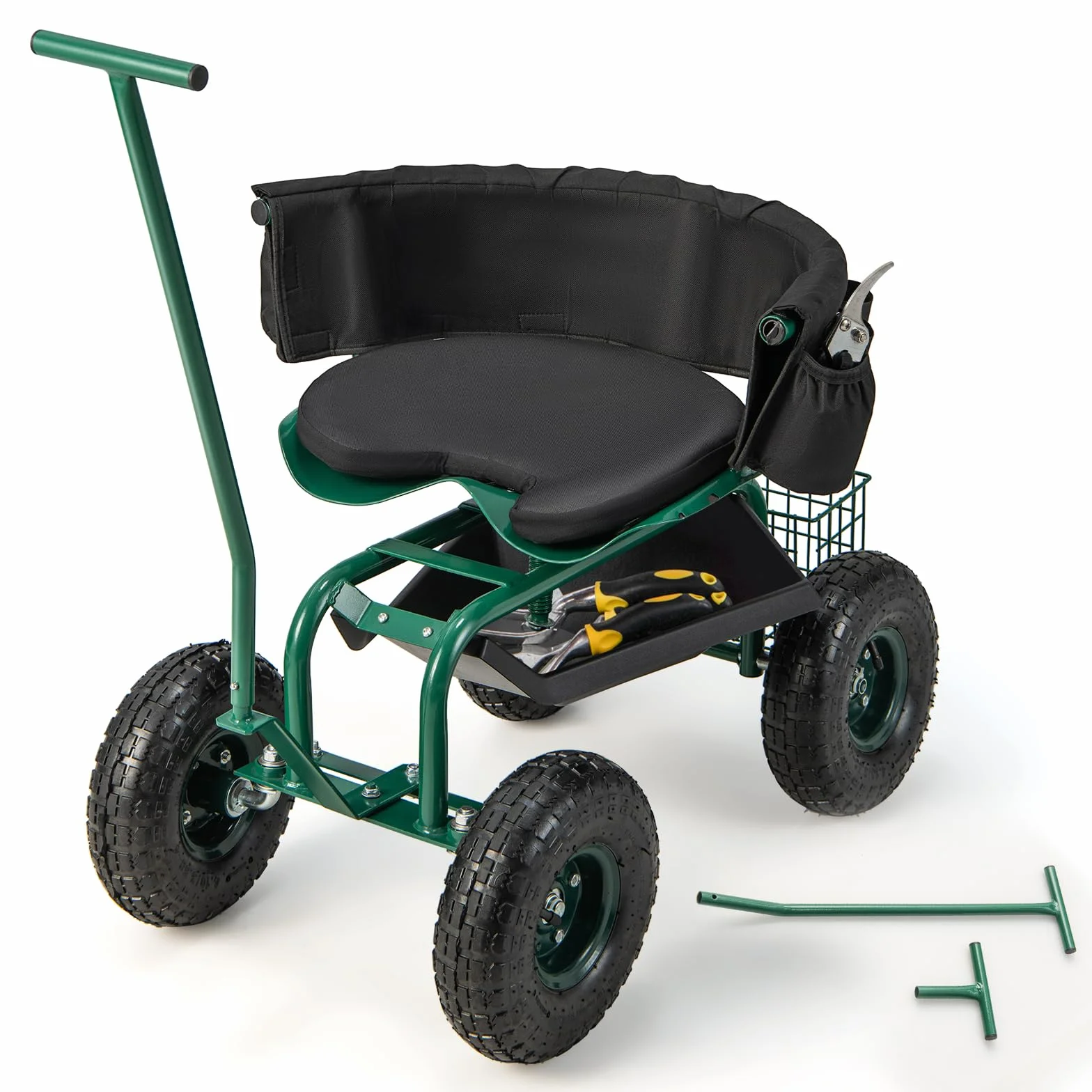 COSTWAY Sgabello per Giardinaggio con Ruote, Carrello da Giardino Regolabile in Altezza con Sedile Girevole a 360, Cuscino, 2 Maniglie di Sterzo e Vassoio Porta Utensili