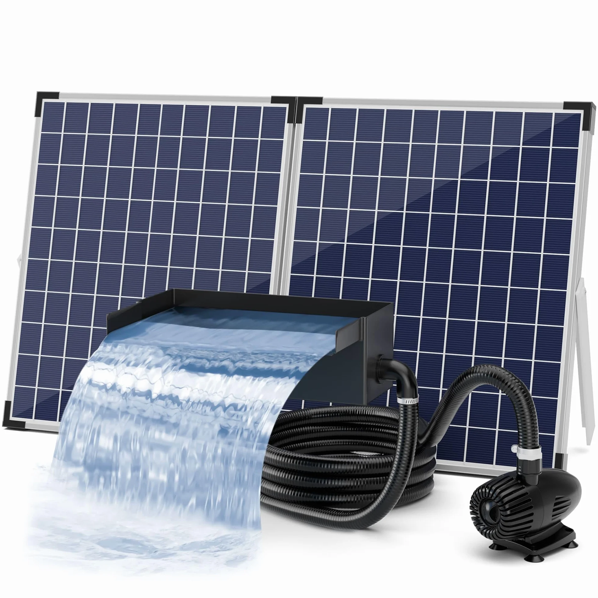 Biling Set completo a cascata solare, 20 cm, in acciaio inox, con pompa da 2100 l/h, cascata di ruscello per giardino, gioco d'acqua, terrazzo