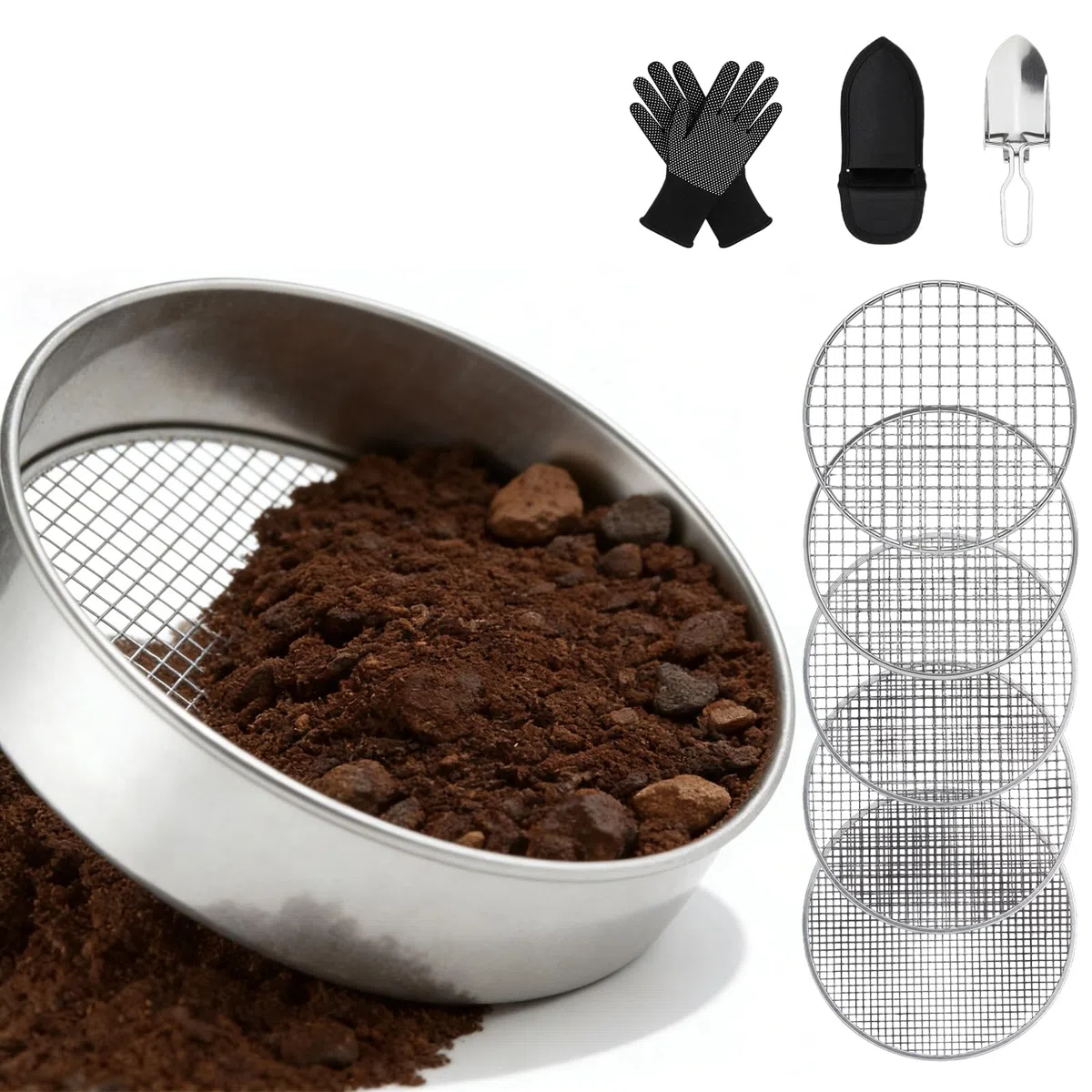 GOMETY Colino da giardino in acciaio inox 5 in 1, colino per compost rotondo, 20 cm, con 5 inserti intercambiabili Ø 3/6/9/10/12 mm, filtro per terra per compost di terra, con paletta da giardino e