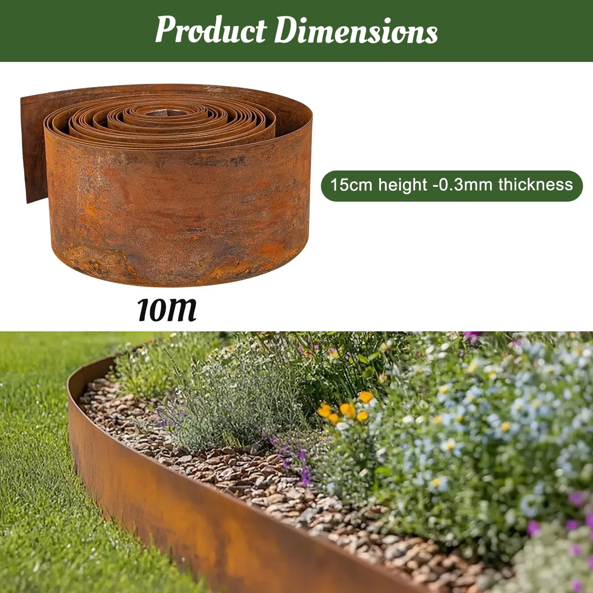 Bordo per prato in metallo, 10 m, bordatura per aiuole con effetto ruggine, altezza 15 cm, per limitare aiuole, sentieri da giardino, alberi, ghiaia, resistente alle intemperie, 1 paio di