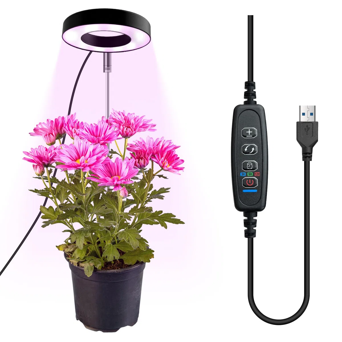 CNMTCOO Luce per piante a LED, spettro completo per piante da interno, altezza regolabile, con adattatore USB, 3 modalità di luce, timer di 3/9/12 ore