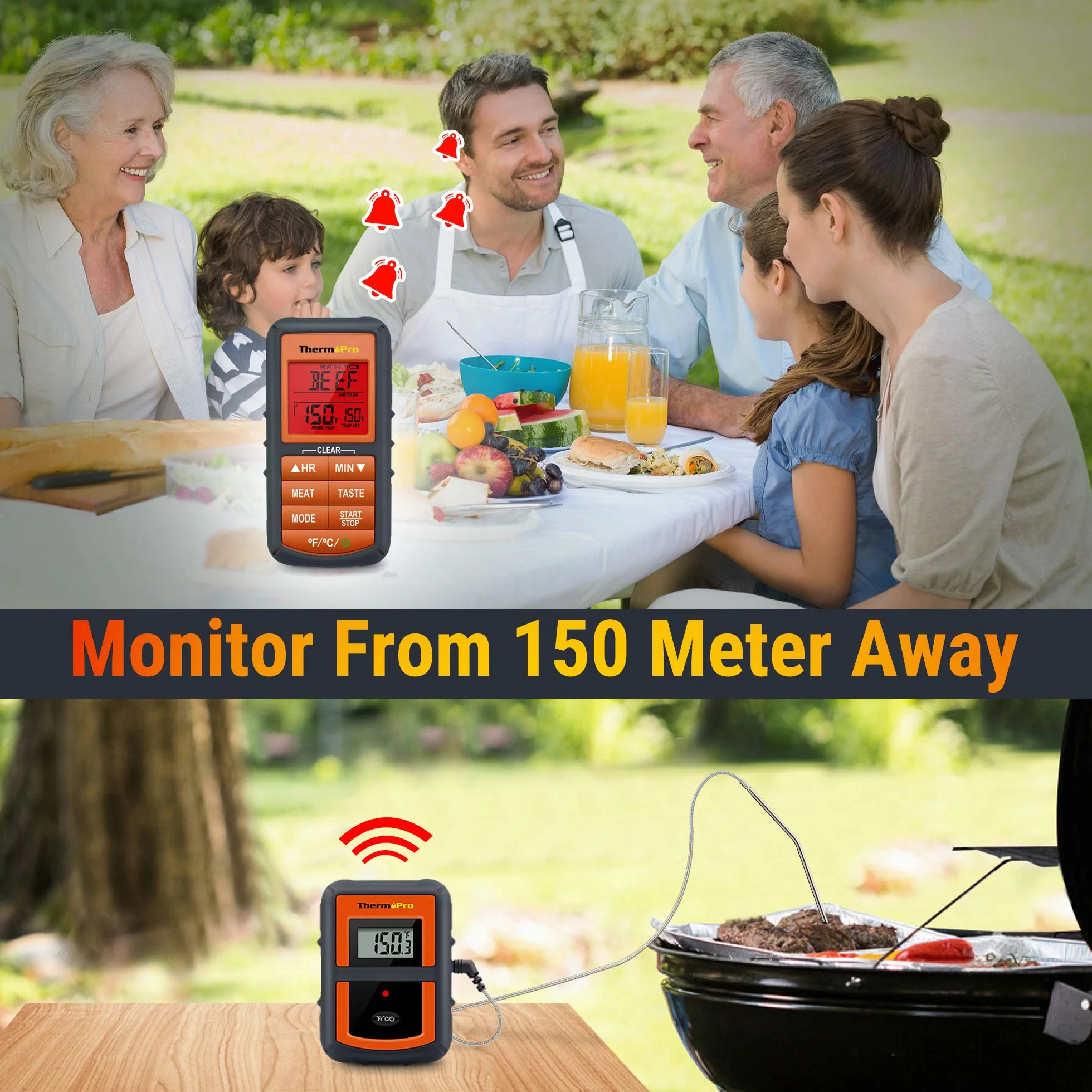 ThermoPro TP07C Termometro Cucina Wireless Remoto Termometro Barbecue Digitale per BBQ Carne Forno Olio Alimenti con Sonda, Portata 150 Metri, Schermo LCD Retroilluminato.