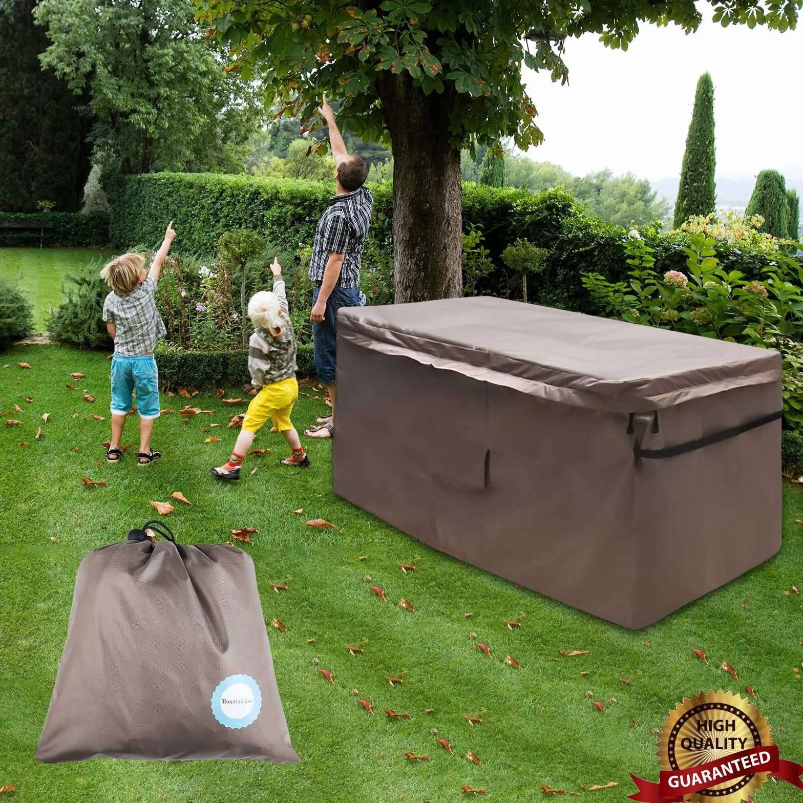 MountainLoc Copertura Per Baule Da Giardino, Telo Di Protezione Per Contenitore da Esterno Con Sfiato E Coperchio Con Cerniera, Impermeabile, 420D Oxford Marrone (157 * 76 * 69cm)