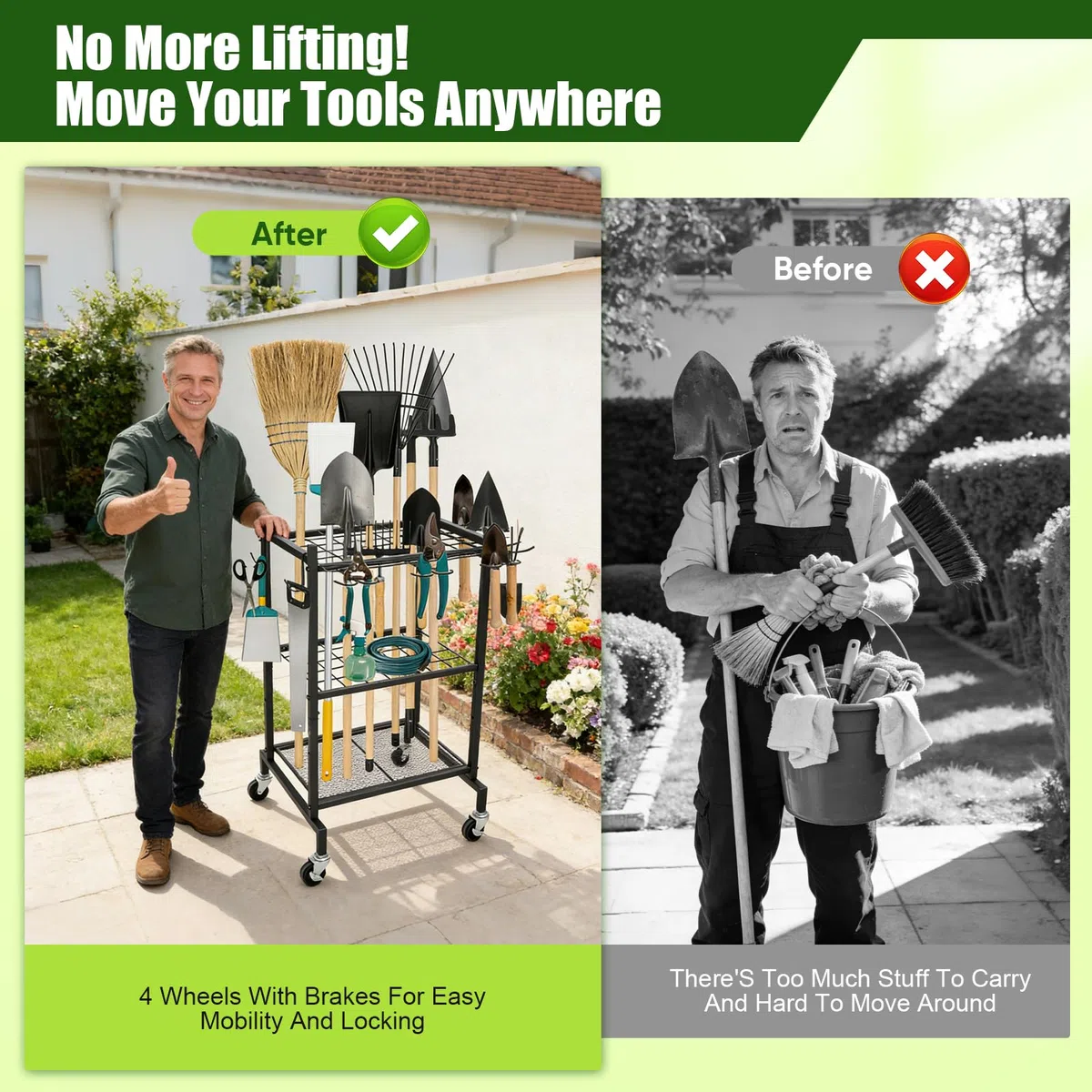 Porta Attrezzi da Giardino su Ruote,71 X 42 X 31 Cm,in Metallo,con 4 Ganci E 35 Scomparti,Organizer per Attrezzi da Giardino per Riporre Scope,Pale E Rastrelli