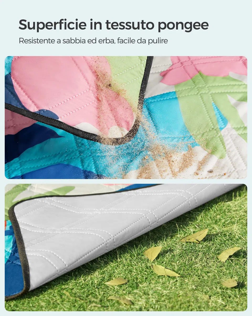 SONGMICS Coperta Picnic, 200 x 150 cm, Grande, Telo da Campeggio, Parco, Giardino, Spiaggia, Strato Impermeabile, Lavabile in Lavatrice, Pieghevole, Motivo Felci Multicolore GCM002Q01