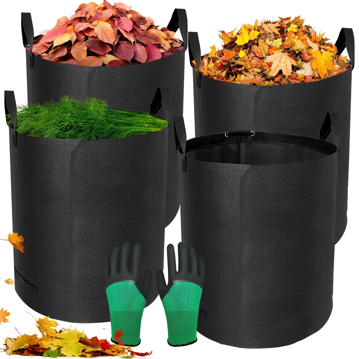 Sacchi per Rifiuti da Giardino Resistenti, 272L x 4Pacchi Sacchi da Giardino Riutilizzabili con Maniglie,incl Guanti, Antistrappo, Idrorepellente, Riutilizzabile, Pieghevole