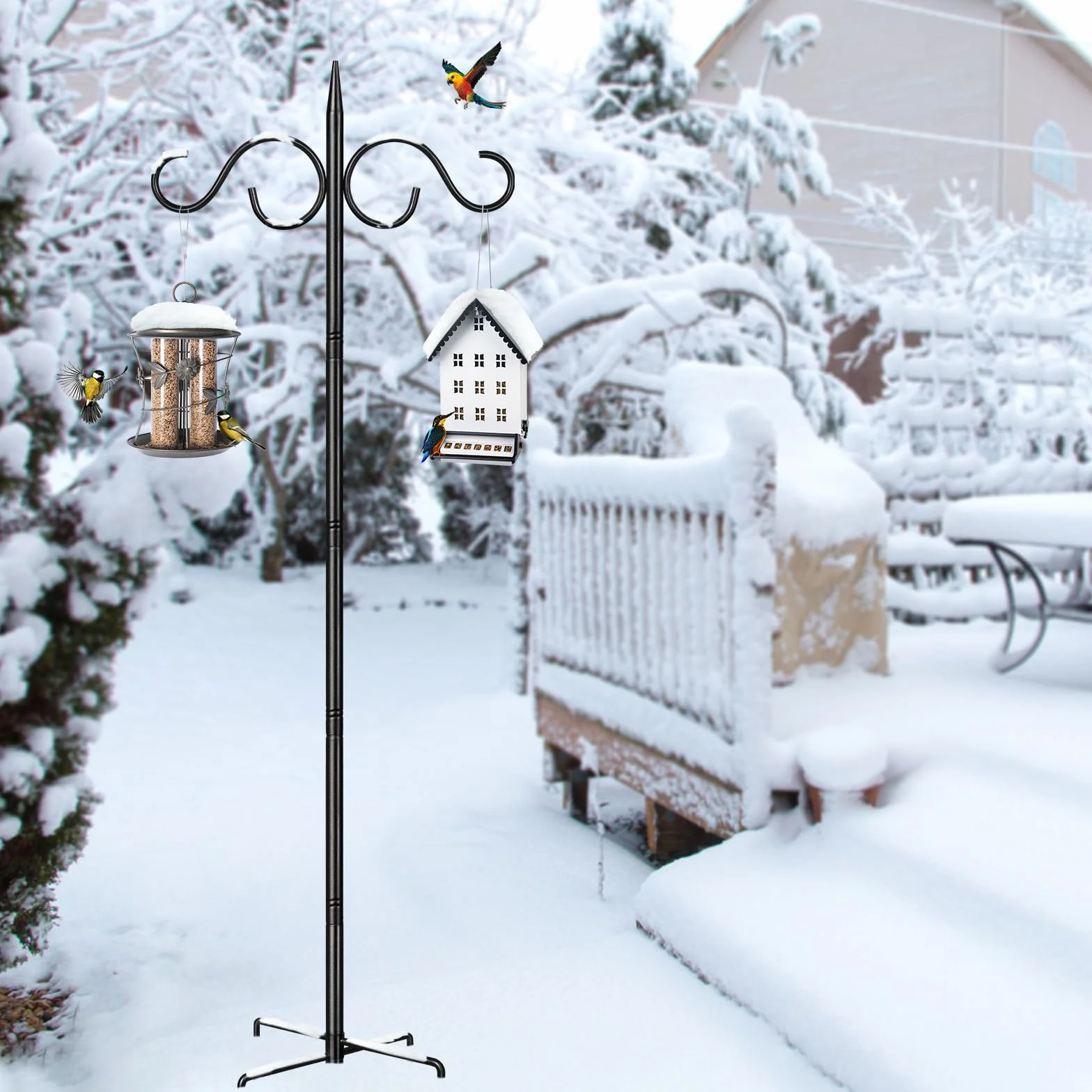 Pali e ganci per mangiatoia per uccelli, 2 m, resistente, con base, doppi ganci per pastori, autoportante, per esterni, lanterne, luci da giardino, cesto di fiori, nero, confezione da 1