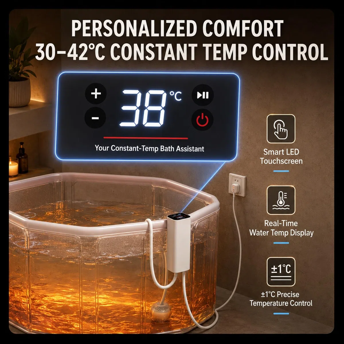 Termostato Per Riscaldatore Di Vasca Idromassaggio Pieghevole Per Adulti, Riscaldatore Ad Immersione Da 1200W Con Temperatura Regolabile Da 30 A 42°C, Riscaldatore Sommergibile Portatile