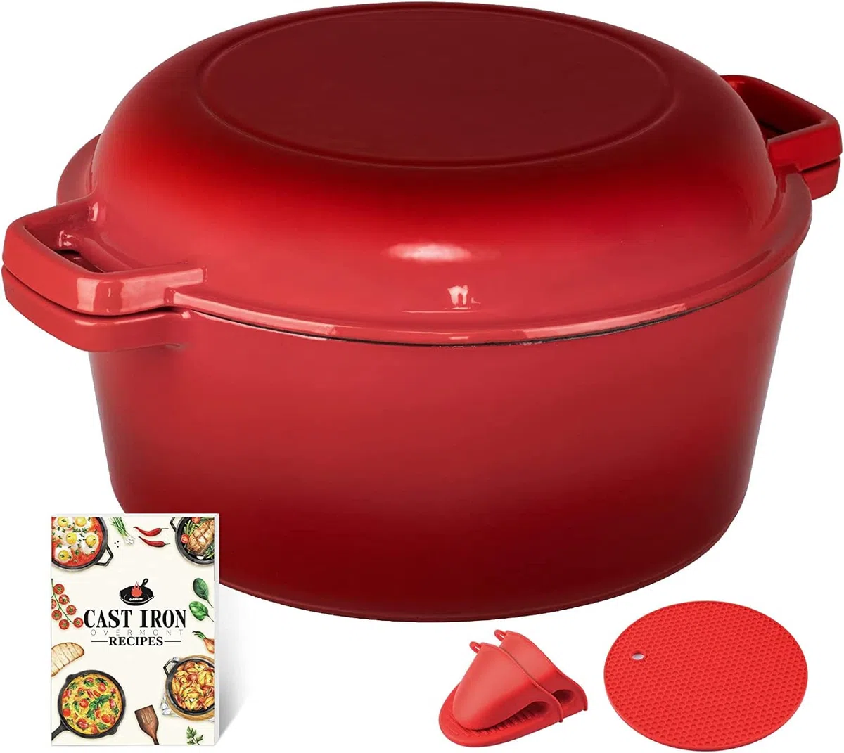 Overmont Forno olandese 2 in 1 in ghisa smaltata con coperchio e libro di cucina per induzione, elettrico, grill, piano cottura, cottura del pane (5 quarti)