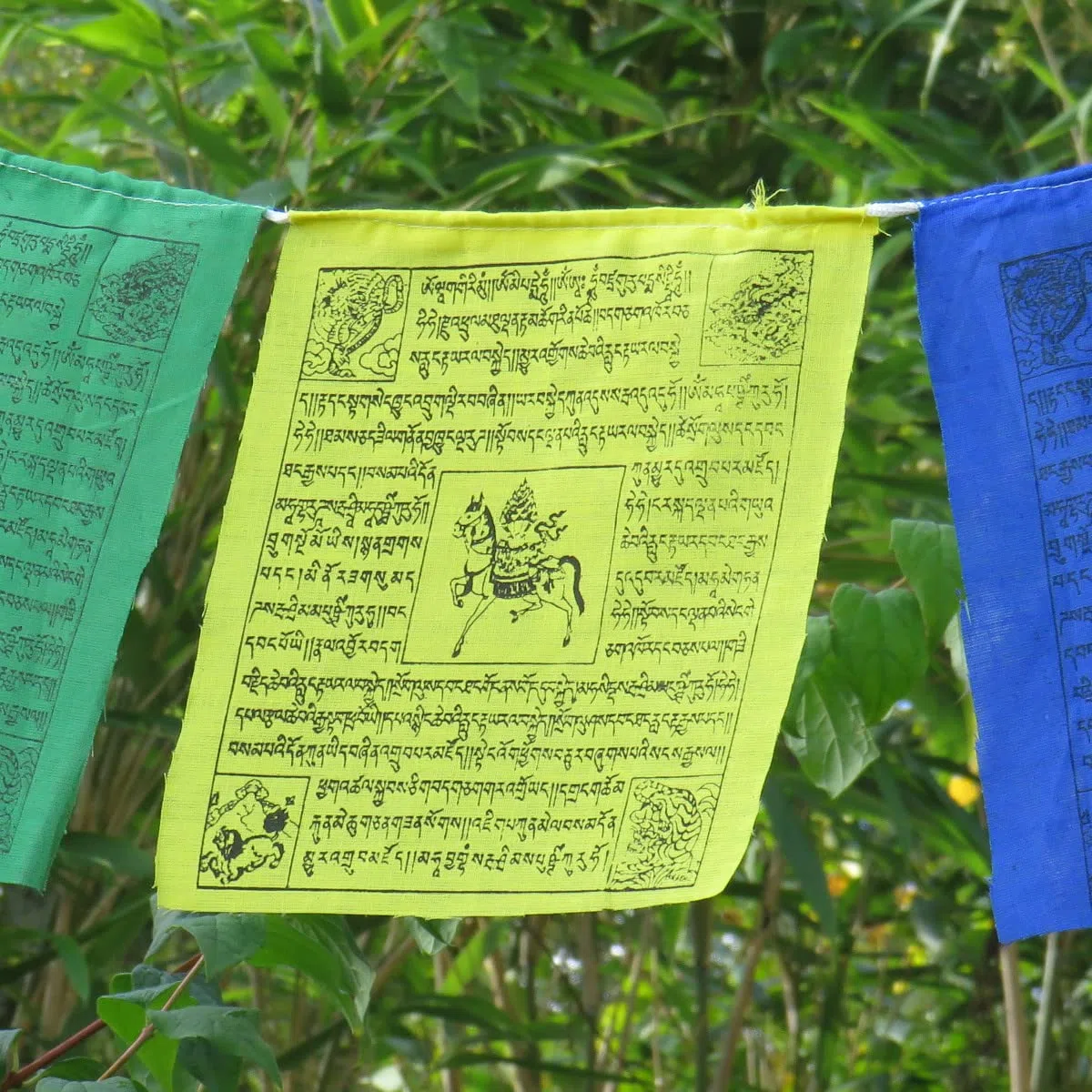 Bandiere tibetane di preghiera in cotone, commercio equo e solidale, 25 bandiere, lunghezza totale 5,5 metri