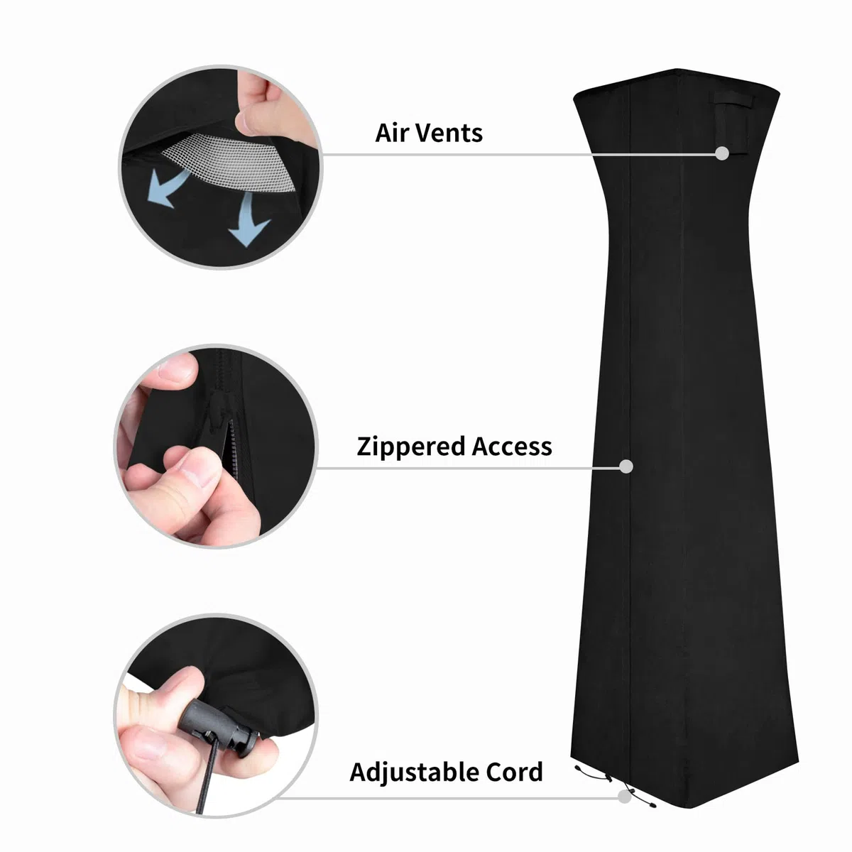Easy-Going Pyramid Torch Patio Heater Cover with Zipper and Storage Bag, Waterproof Outdoor Heater Cover Dustproof, UV-Resisant, Wind-Resistant (90" H x 23" L x 23" W, Black)