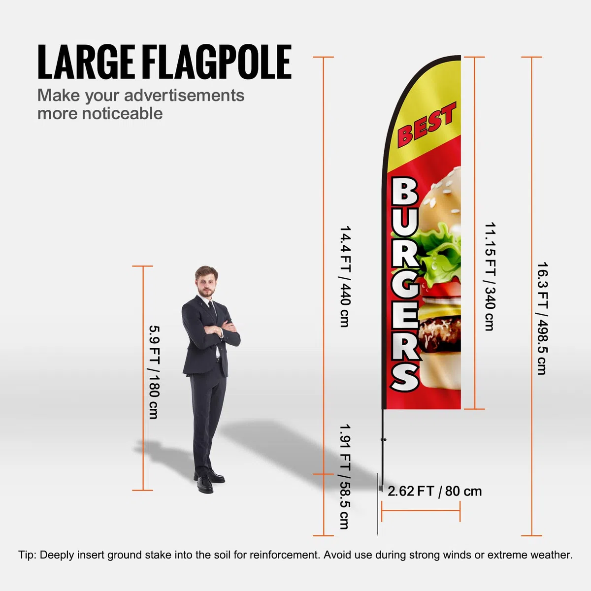 VEVOR Bandiera di Piume Pubblicitarie per Ristoranti di Hamburger Kit Asta, Bandiere Pubblicitarie Affari all'Esterno, con 1 Bandiera, 1 Asta, 1 Picchetto da Terra, Bandiera Swooper Aziende 440 cm