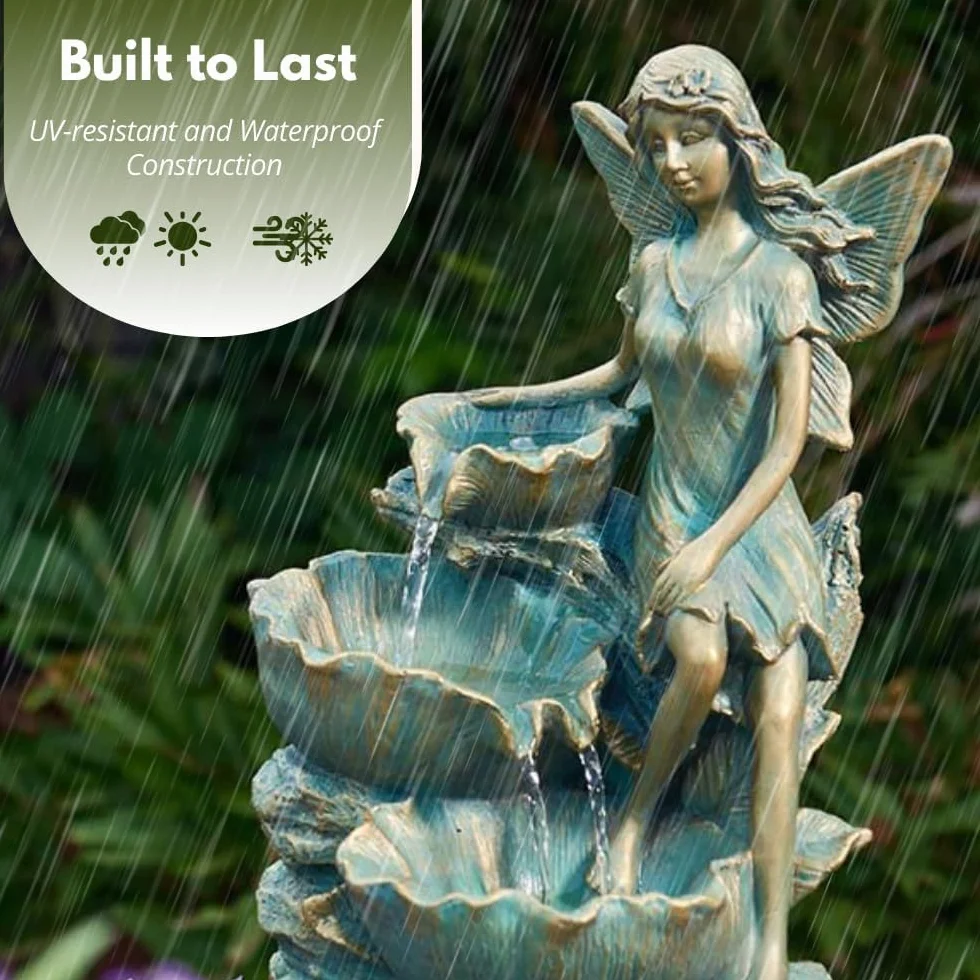 Garden Mile Fontana di acqua solare magica fontana d'acqua fontana d'acqua da giardino solare statua ornamento (foglia fata)