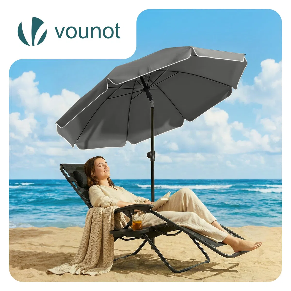 VOUNOT® Ombrellone da Spiaggia 2m Inclinabile Altezza Regolabile, Ombrellone da Giardino con Ancoraggio al Suolo Protezione UV 50+ e Borsa da Trasporto per Balcone, Terrazza e Campeggio, Grigio