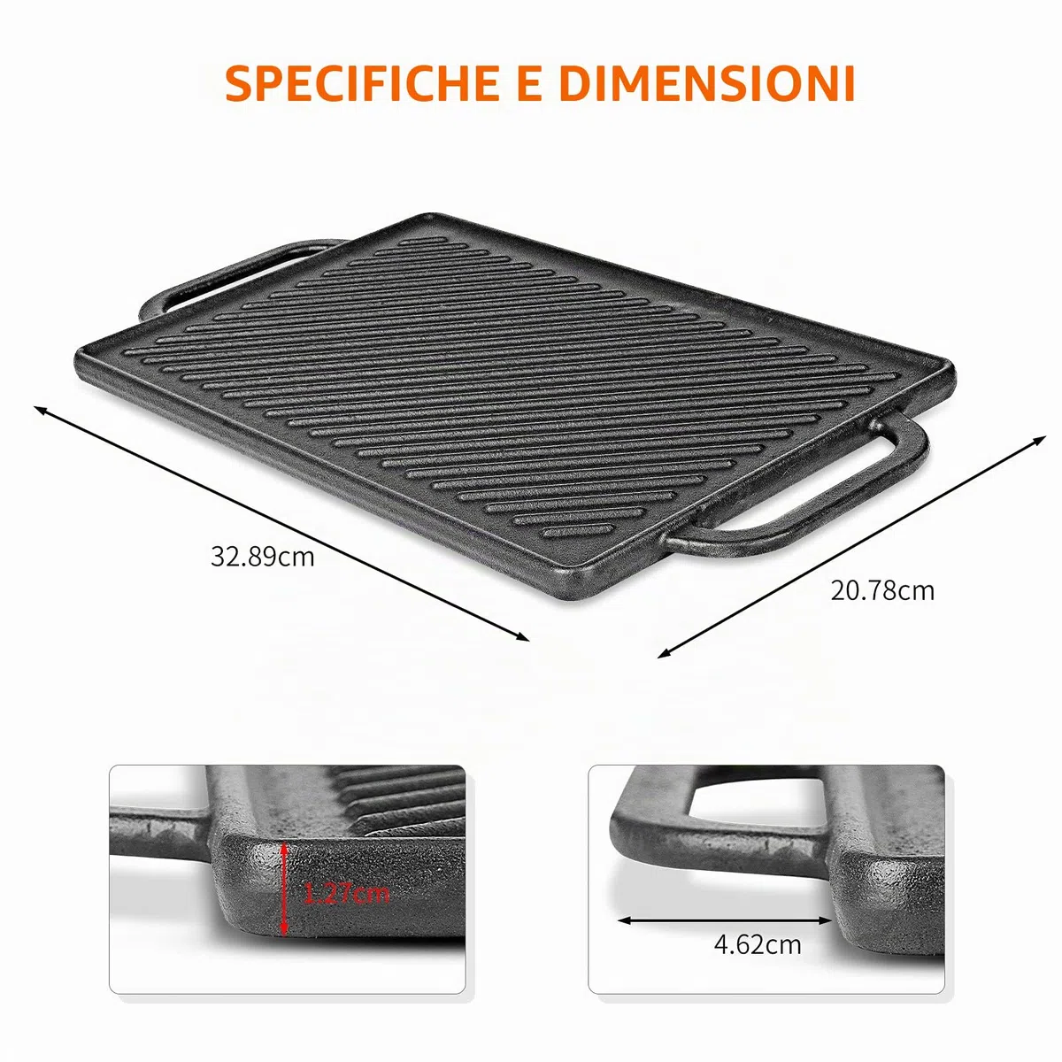 GFTIME Piastre in ghisa 33 x 21 cm per forno, fornelli e grill, piastre in ghisa, reversibili, griglia in ghisa, griglia per cottura e grill 2 in 1, 1 confezione