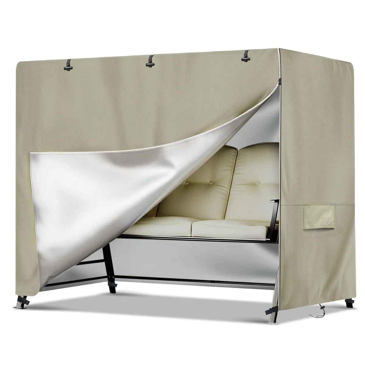 NEVERLAND Copertura Dondolo 3 Posti - Copertura Altalena Impermeabile, Antivento Antipolvere, Tessuto Oxford 420D Anti-UV, Telo Copri Dondolo da Esterno, per da Giardino Swing, 220x150x150CM, Kaki
