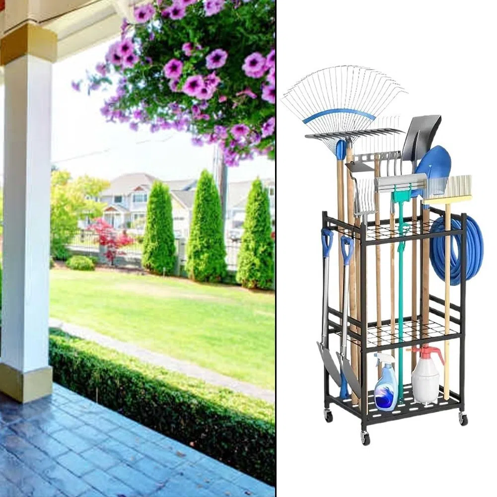 Scaffale da giardino, supporto in metallo per garage e organizzazione esterna, salvaspazio, pale, rastrelli, tubi, nero, 80 x 30 x 40 cm