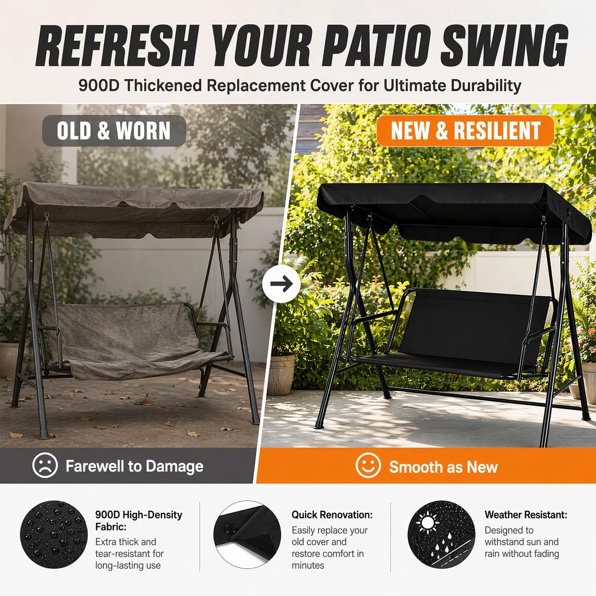 Fodera di ricambio per seduta di dondolo Hollywood, coprisedile per altalena da giardino, tessuto Oxford 900D impermeabile e antistrappo, fodera per dondolo da 2 e 3 posti 115 x 48 x 48 cm