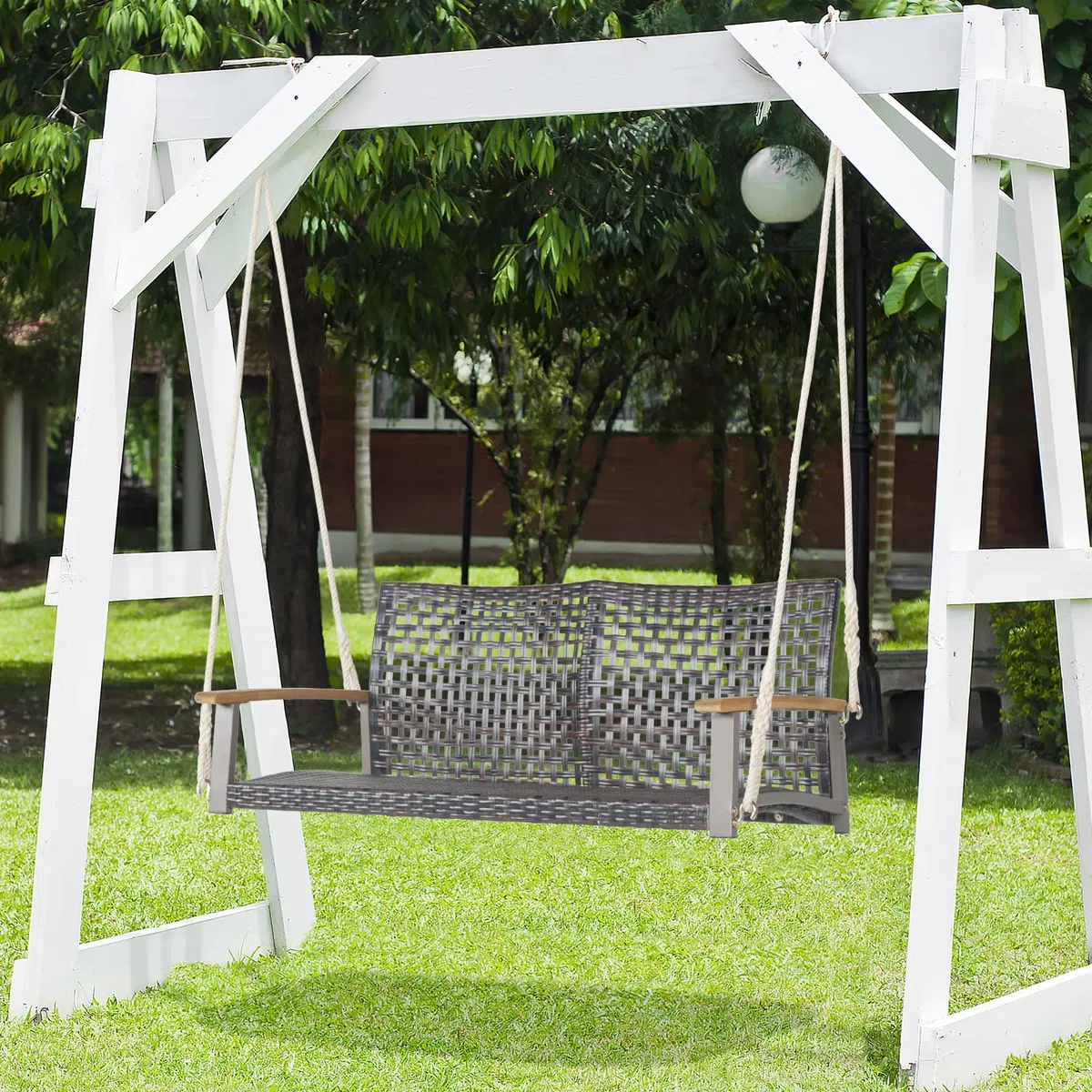 COSTWAY Dondolo Sospeso per Esterno a 2 Posti, Altalena da Giardino, Sedia Sospesada Gairdino con Braccioli, per Portico, Capacità di Carico di 360 kg