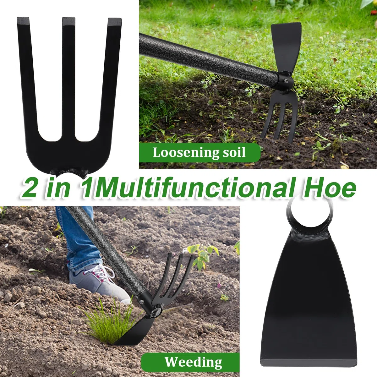 Zappa da giardino con manico in acciaio inox, 76 cm, doppia zappa a 3 zampe, in metallo, per allentare, ventilare e diserbare il terreno