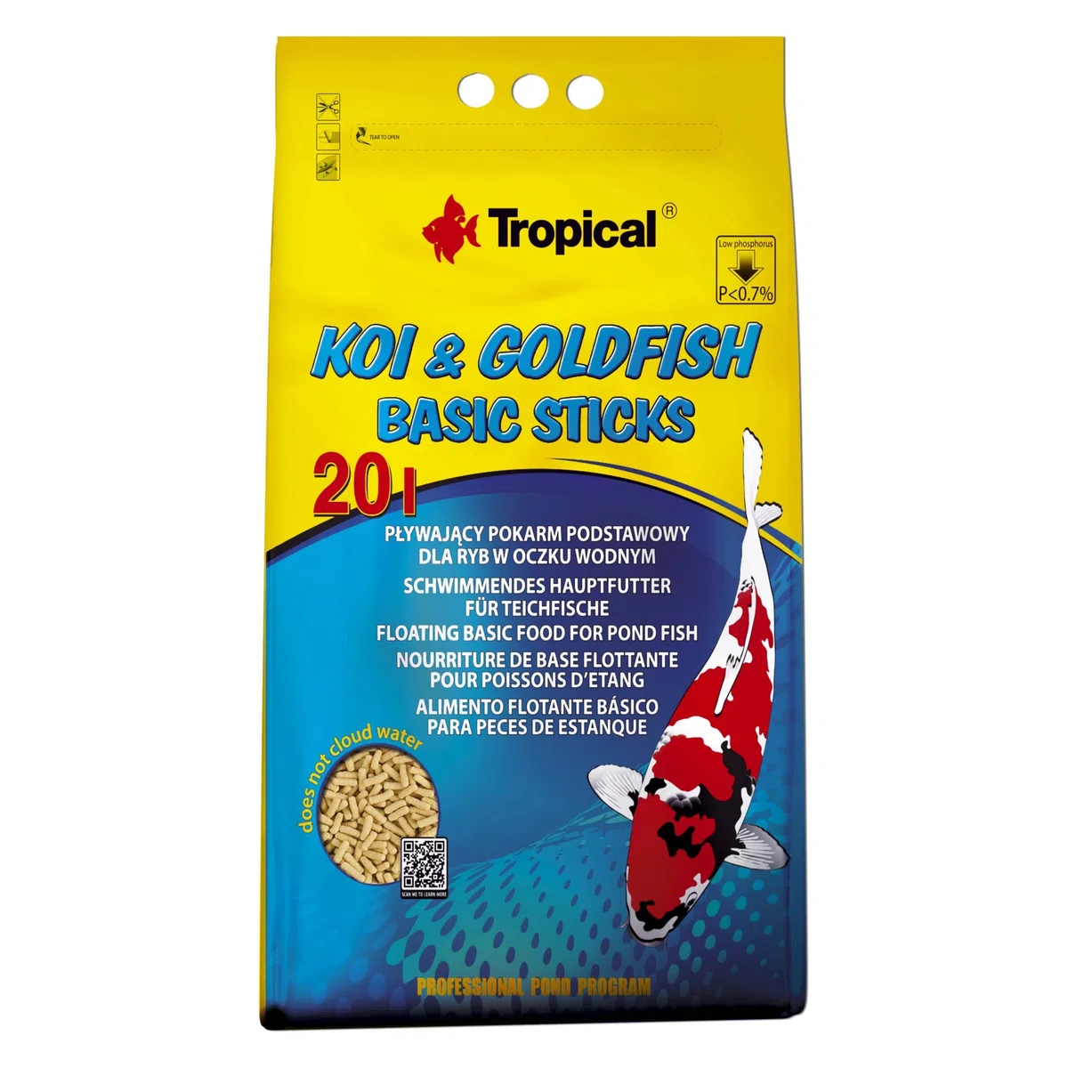 KOI&GOLDFISH BASIC STICKS 20L / 1600g - è un mangime completo e galleggiante per koi, pesci rossi e tutte le altre carpe ornamentali allevate in laghetti da giardino