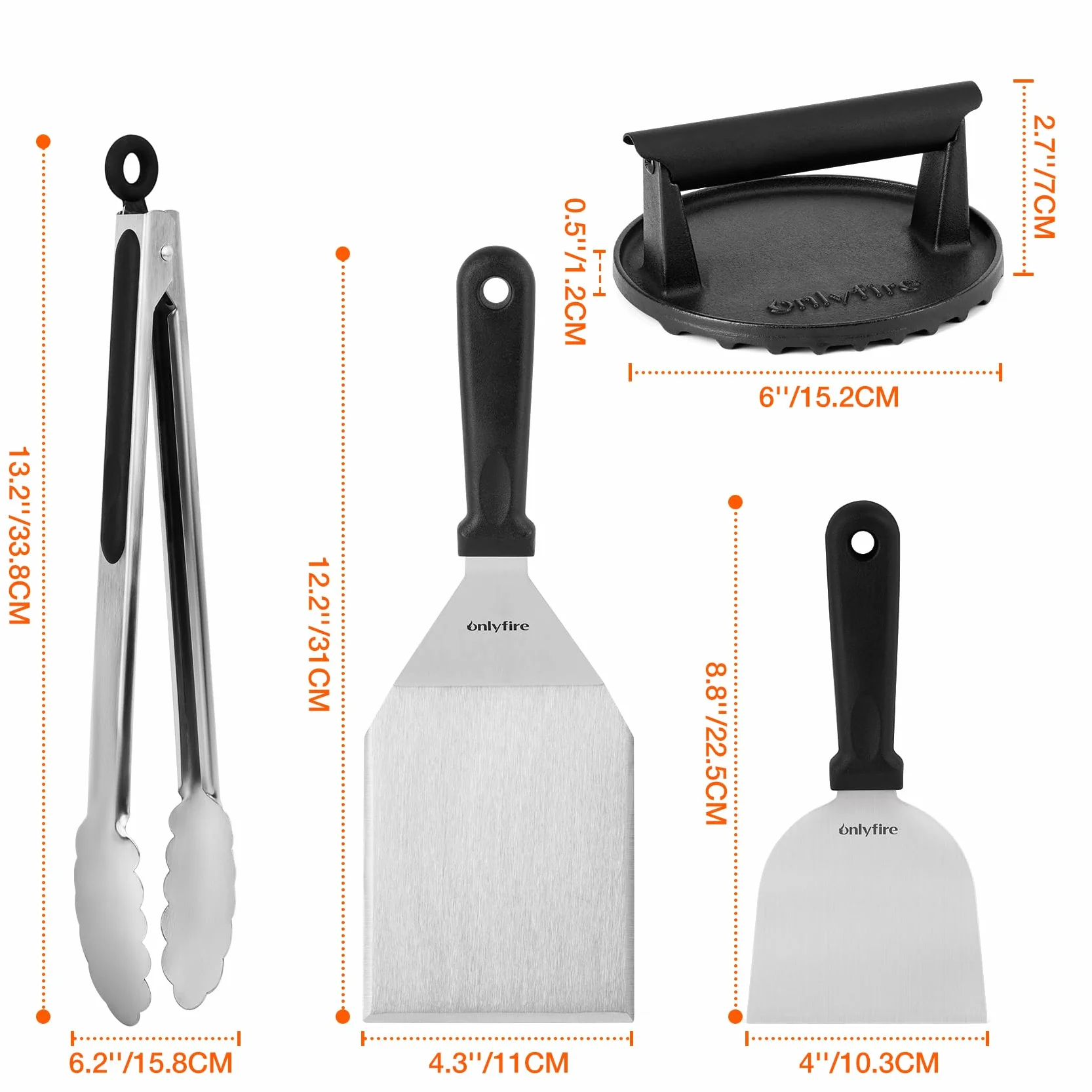 onlyfire Set di Spatola 4pcs Kit Utensili Barbecue per Teppanyaki, Smash Burger Pressa per Hamburger in Ghisa, Spatola per Piastra, Raschietto per Barbecue e Pinze da Cucina, Kit Utensili Barbecue