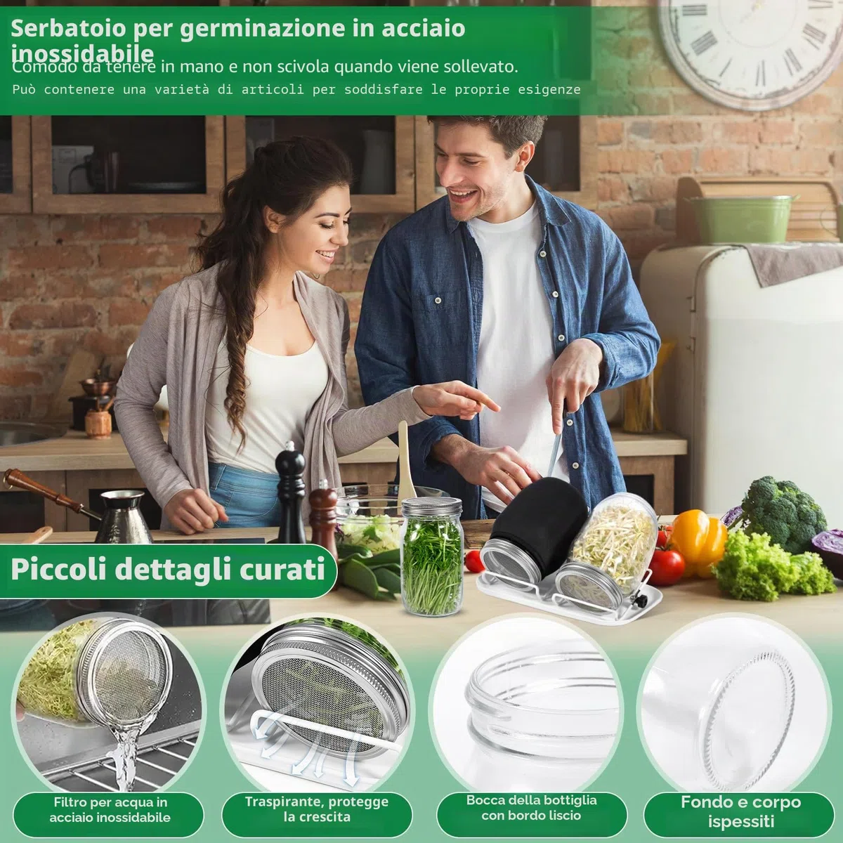 Barattolo Germogliatore Set,2 1000ml Germogliatore in Vetro, 2 Coperture, 2 Supporti e 1 Vassoio,2 Manicotti Oscuranti,1 Spazzola,Kit di Barattoli per Germogliamento di Semi per Broccoli Germ